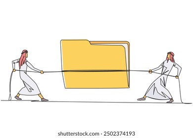 Continuous one line drawing two Arabian businessmen fighting over document folder. Fighting for confidential information that very profitable for company. Single line draw design vector illustration