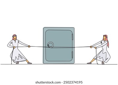 Continuous one line drawing two Arabian businessmen fighting over a safe deposit box. Fighting over the safest place to store company secrets. Confidential. Single line draw design vector illustration
