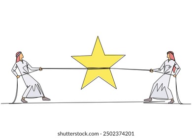 Una línea continua dibujando a dos empresarios árabes luchando por una estrella. Compite para conseguir estrellas. Mejor calificación. Obtenga la máxima clasificación. El sueño se hace realidad. Ganador. Ilustración vectorial de diseño de dibujo de línea única