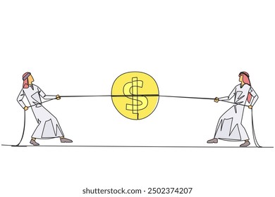 Continuous one line drawing two Arabian businessmen fighting over a coin with dollar symbol. Compete for rights that must be received, even if small thing. Single line draw design vector illustration