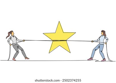 Continuous one line drawing two businesswomen fighting for a shiny star. Competition for award stars. Competition to become the best businesswoman. Dreams. Single line draw design vector illustration