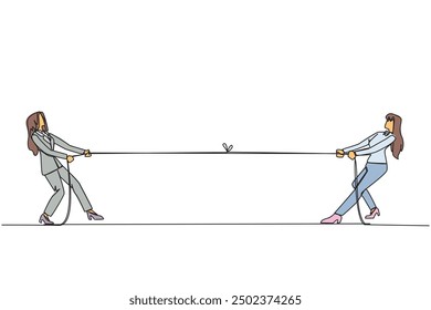 Continuous one line drawing two businesswomen pulling each other's rope. Light exercise relieves fatigue of daily routine. Fill free time to bond together. Single line draw design vector illustration