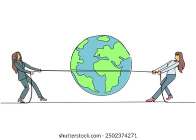 Continuous one line drawing two businesswomen fighting over globe. Fighting over strategic locations. The fighting to open new business branch. Profitable. Single line draw design vector illustration