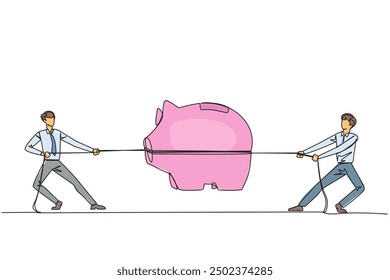 Continuous one line drawing two businessmen fighting over a piggy bank. Competition for investment. Trying to get a good life in retirement. Decent old age. Single line draw design vector illustration