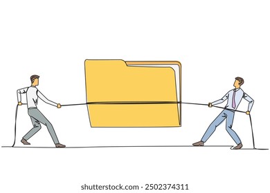 Continuous one line drawing two businessmen fighting over document folder. Competition for the best information for company progress. Important client data. Single line draw design vector illustration