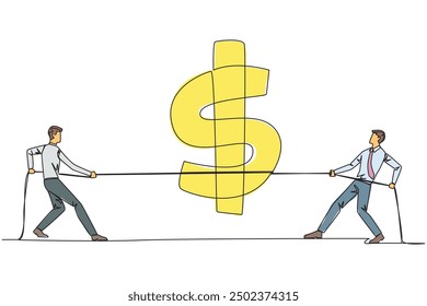 Continuous one line drawing two businessmen fighting over dollar symbol. Balancing expenditure with income. Don't be careless in spending money in business. Single line draw design vector illustration