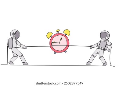 Continuous one line drawing two astronauts fighting over an alarm clock. A fierce battle over the certainty of passing the space expedition exam. Galaxy. Single line draw design vector illustration