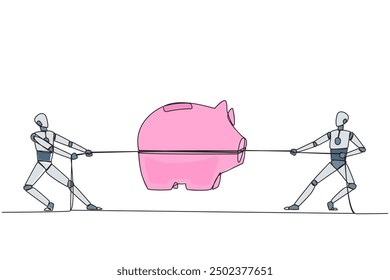 Continuous one line drawing two robots fighting over a piggy bank. Competition is fierce to be able to carry out advanced artificial intelligence. Future. Single line draw design vector illustration