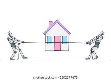 Continuous one line drawing two smart robots fight over a miniature house. Beat each other to get smart home. Complete features. Future robotic development. Single line draw design vector illustration