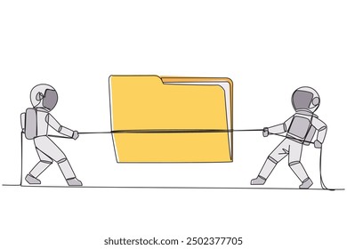 Continuous one line drawing two astronauts fighting over document folder. Competition is fierce to obtain specific information about state of land on Mars. Single line draw design vector illustration