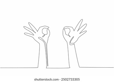 Continuous one line drawing two hands with okay gesture. Poster. Idea. Awesome. Sign of agreement. Form of expression. International Day of Awesomeness. Single line draw design vector illustration