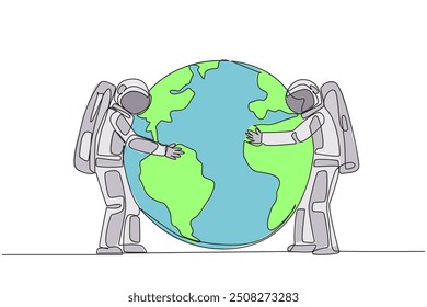 Continuous one line drawing two astronauts standing hugging globe. Take care of each other with all the heart. Keeps earth green. Cosmonaut protect earth. Single line draw design vector illustration