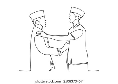 Continuous one line drawing of two men greet each other and embrace each other. Happy friendship day with family and diserve people. Friendship minimalist concept. Single line draw design vector