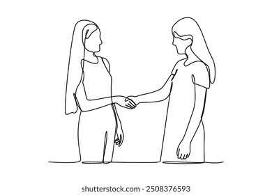 Continuous one line drawing of two women meet while shaking hands. Happy friendship day with family and diserve people. Friendship minimalist concept. Single line draw design vector