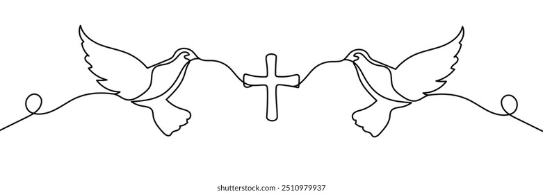 Desenho contínuo de uma linha de Duas Pombas voando com um Símbolo de Religião. Cruz. Pomba Da Paz. Ilustração vetorial.