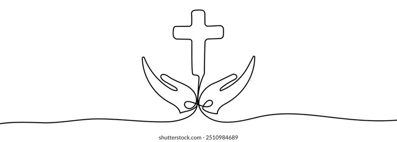 Desenho contínuo de uma linha de duas mãos oferecendo uma cruz cristã. ilustração vetorial