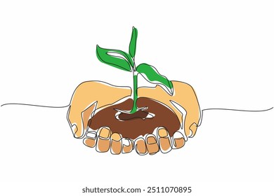 Uma linha contínua desenhando duas mãos segurando um monte de terra com plantas floridas. Um convite para plantar muitas árvores. Fresco. Plante um Dia de Flor. Ilustração de vetor de design de desenho de linha única