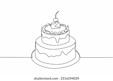 Continuous one line drawing two tier chocolate cake with cherry topping. Celebration cake. So delicious in every bite. Delight. National Chocolate Cake Day. Single line draw design vector illustration