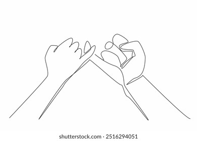 Continuous one line drawing two hands holding pinkies together. Saying sacred vows. Promising to complete each other. Perfect love. National Spouses Day. Single line draw design vector illustration