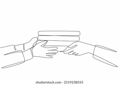 Continuous one line drawing two hands, one passing a stack of books to the other. Education and learning. Mutual respect. International Book Giving Day. Single line draw design vector illustration