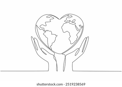 Continua una línea dibujando dos manos cuna tierra en forma de corazón. La responsabilidad de la humanidad de cuidar y proteger nuestro planeta. Actos aleatorios del Día de la Bondad. Ilustración vectorial de diseño de dibujo de línea única