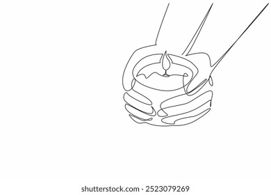 Continuous one line drawing two hands holding a lit candles. Light and guidance. Provide care, protection, and support for loved ones. World Candle Day. Single line draw design vector illustration