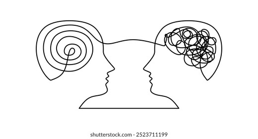 Continuous one line drawing of two heads with swirling, intricate lines. Minimalist design symbolizing complexity and connection. Vector illustration mental health concept.