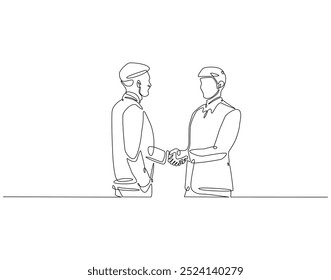Continuous one line drawing of two man shaking hands. One line drawing illustration of national non violence day. Handshake, support,  concept line art. Editable outline