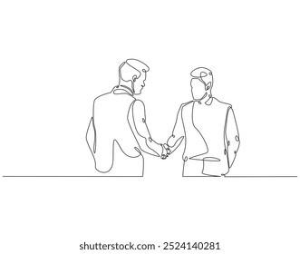 Continuous one line drawing of two man shaking hands. One line drawing illustration of national non violence day. Handshake, support,  concept line art. Editable outline