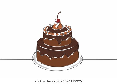 Continuous one line drawing two tier chocolate cake with cherry topping. Celebration cake. So delicious in every bite. Delight. National Chocolate Cake Day. Single line draw design vector illustration