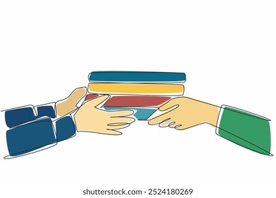 Continuous one line drawing two hands, one passing a stack of books to the other. Education and learning. Mutual respect. International Book Giving Day. Single line draw design vector illustration