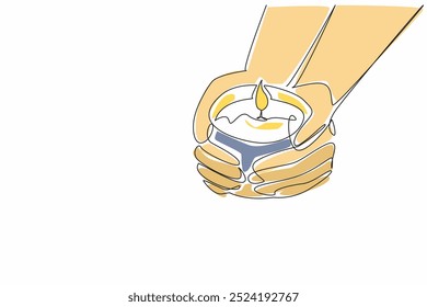 Continuous one line drawing two hands holding a lit candles. Light and guidance. Provide care, protection, and support for loved ones. World Candle Day. Single line draw design vector illustration