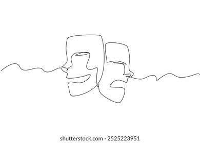 Continuous one line drawing two theater masks with different expressions. Role-playing entertainment stage. Playing different characters. World Theatre Day. Single line draw design vector illustration