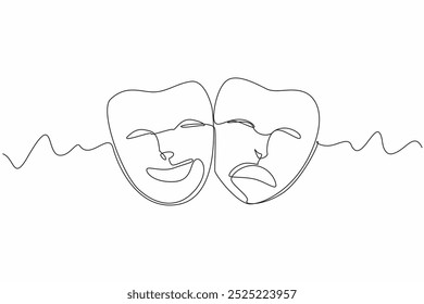 Continuous one line drawing two theater masks. Smiling and angry. On a theatrical stage full of drama. Playing a role to entertain. World Theatre Day. Single line draw design vector illustration