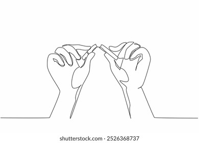 Continuous one line drawing two hands breaking a cigarette into 2 parts. Blunt refusal to not smoke. Bad habit does not benefit. Cigarette smoke is poison. Single line draw design vector illustration