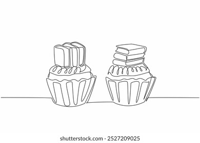 Continuous one line drawing two cupcakes with book topping. Educational theme. Reading is as delicious as sweet snacks. Increase knowledge. Edible Book Day. Single line draw design vector illustration