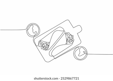 Línea continua que dibuja dos burritos en una tabla de cortar. Se sirve completo con salsa de mostaza y chile. Auténtica comida mexicana. Día Nacional del Burrito. Ilustración vectorial de diseño de dibujo de línea única