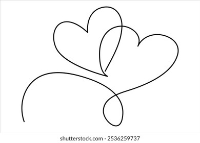 Continuous one line drawing of two heart isolated on white background outline art illustration