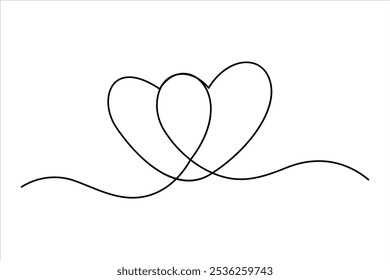 Continuous one line drawing of two heart isolated on white background outline art illustration