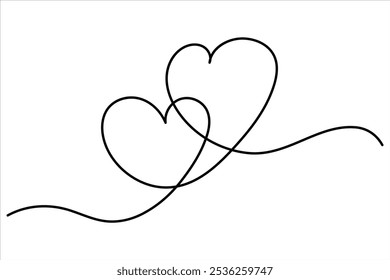 Continuous one line drawing of two heart isolated on white background outline art illustration