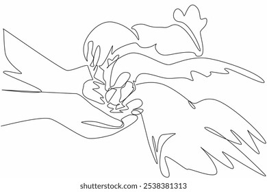 Continuous one line drawing two hands holding chicken food and several chickens surround hands. Chicken farmer. The best feed. National Farm Animals Day. Single line draw design vector illustration