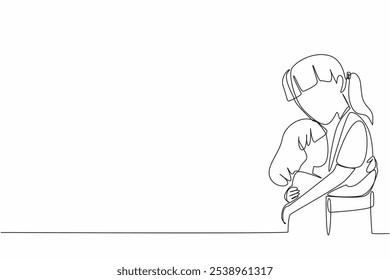 Continuous one line drawing two sisters hugging each other. Longing hug. Body language that speaks. Love each other. Sisterhood. National Siblings Day. Single line draw design vector illustration