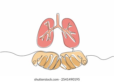 Línea continua que dibuja dos palmas abiertas con los pulmones en la parte superior. Haga lo mejor para proteger la salud pulmonar. Respira más ligero y saludable. Día Mundial de la Tuberculosis. Ilustración vectorial de diseño de dibujo de línea única