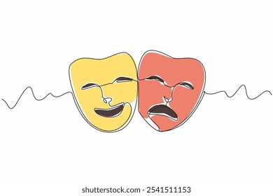 Continuous one line drawing two theater masks. Smiling and angry. On a theatrical stage full of drama. Playing a role to entertain. World Theatre Day. Single line draw design vector illustration