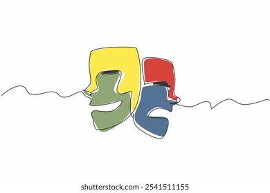 Continuous one line drawing two theater masks with different expressions. Role-playing entertainment stage. Playing different characters. World Theatre Day. Single line draw design vector illustration