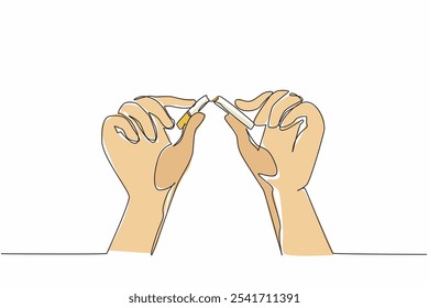 Continuous one line drawing two hands breaking a cigarette into 2 parts. Blunt refusal to not smoke. Bad habit does not benefit. Cigarette smoke is poison. Single line draw design vector illustration