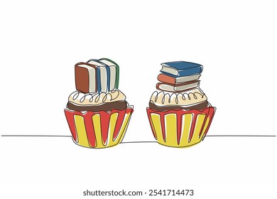 Continua una línea dibujando dos cupcakes con cubierta de libro. Tema educativo. La lectura es tan deliciosa como los bocadillos dulces. Aumentar el conocimiento. Día del Libro Comestible. Ilustración vectorial de diseño de dibujo de línea única