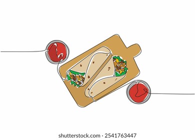 Línea continua que dibuja dos burritos en una tabla de cortar. Se sirve completo con salsa de mostaza y chile. Auténtica comida mexicana. Día Nacional del Burrito. Ilustración vectorial de diseño de dibujo de línea única