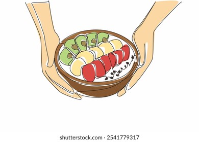 Continuous one line drawing two hands holding a wooden acai bowl containing several pieces of fruit. Served to be enjoyed together. National Acai Bowl Day. Single line draw design vector illustration