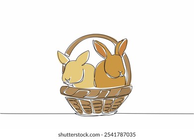 Continuous one line drawing two rabbits in a rattan basket. Container for carrying two cute animals waiting for the evening. National Farm Animals Day. Single line draw design vector illustration